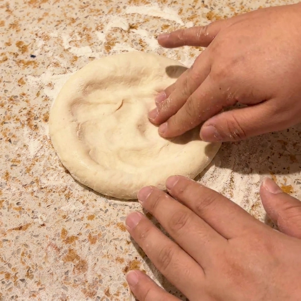 Mani che premono e stendono una pallina di impasto in una base per pizza piatta su un piano di lavoro.