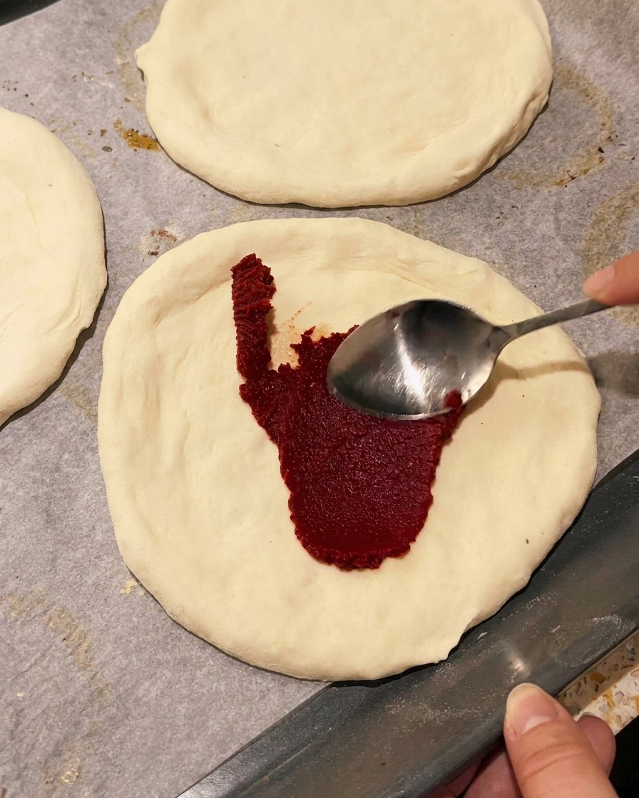 Un primo piano di una mano che usa un cucchiaio di metallo per stendere il ricco concentrato di pomodoro rosso su una base per pizza cruda.