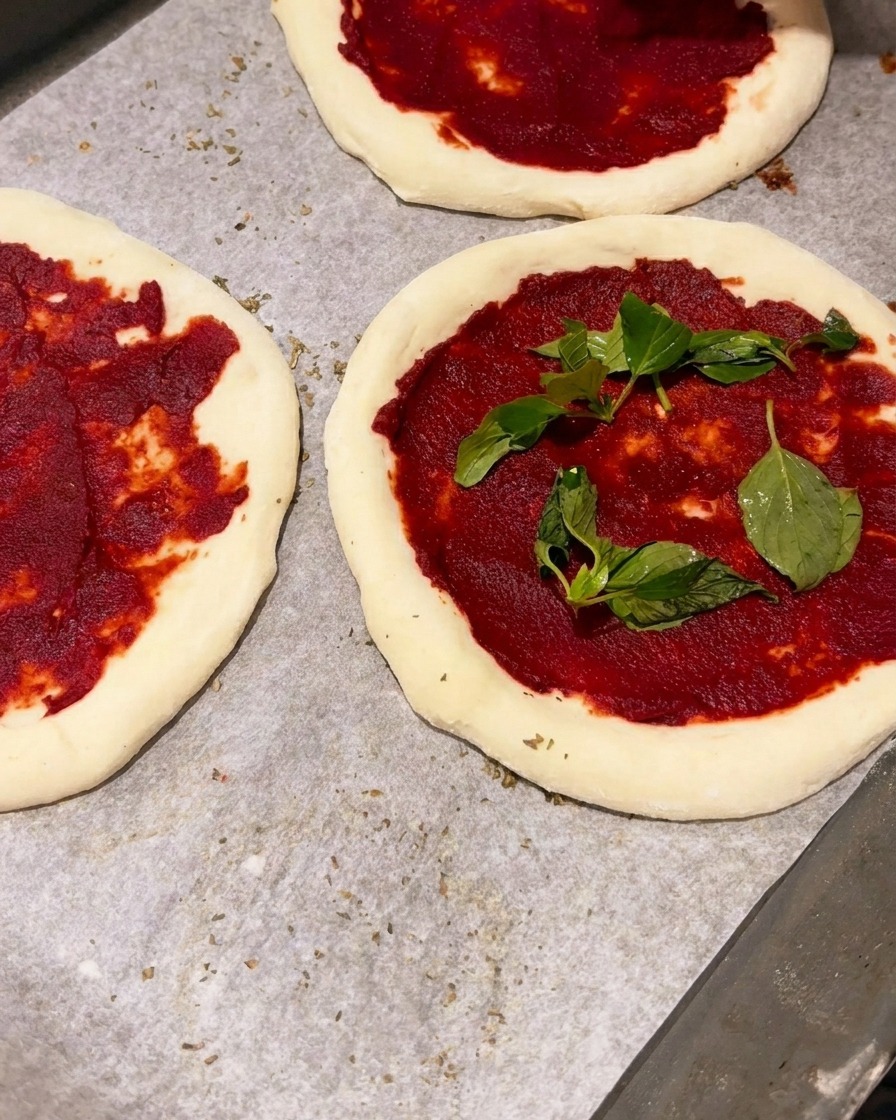 Basi per pizza crude ricoperte di concentrato di pomodoro, guarnite con foglie di basilico fresco verde brillante.