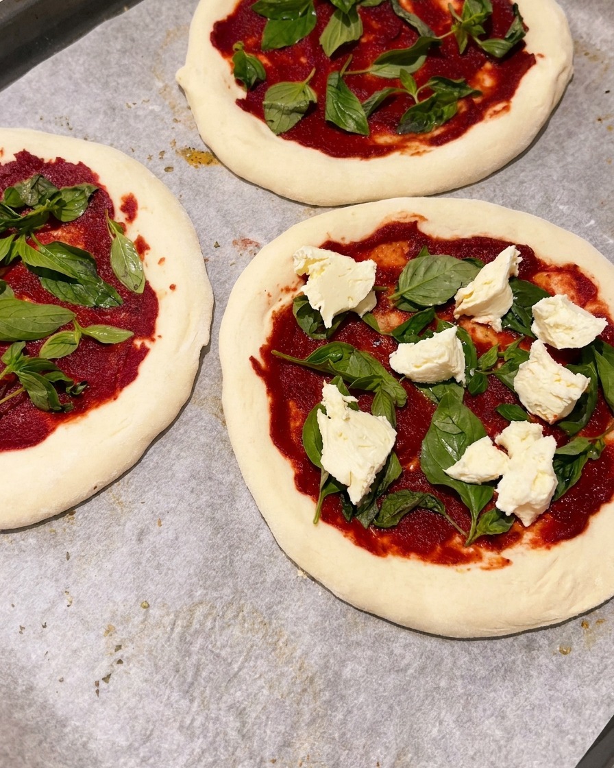 Pezzi di mozzarella bianca strappati a mano sparsi su mini pizze guarnite con salsa rossa e basilico verde.
