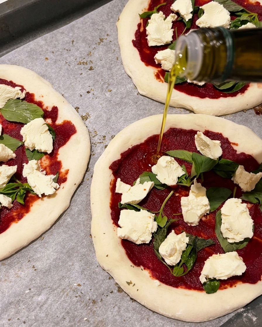 Olio doliva dorato versato da una bottiglia di vetro su mini pizze crude assemblate su una teglia.