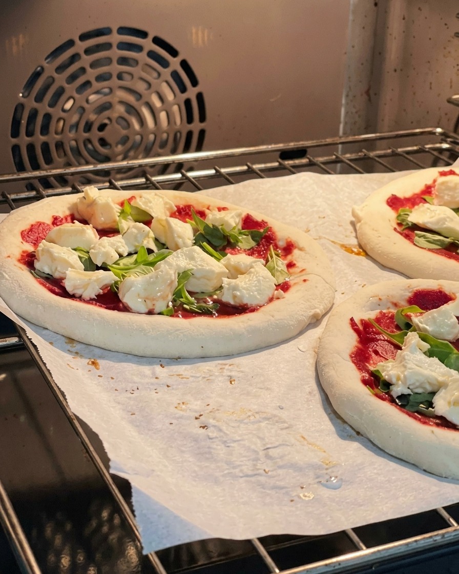 Una teglia che contiene mini pizze Margherita crude assemblate che viene fatta scivolare sulla griglia di un forno caldo.