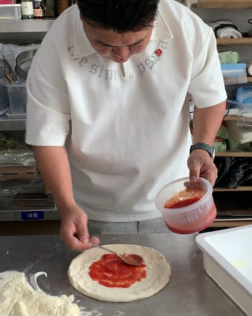 Un cucchiaio di salsa di pomodoro rossa steso uniformemente su una base di pizza cruda.