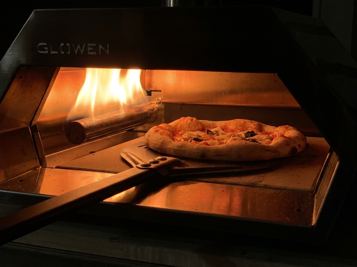 Una pala da pizza che ruota una pizza parzialmente cotta allinterno del forno per dorarla vicino alla fiamma.