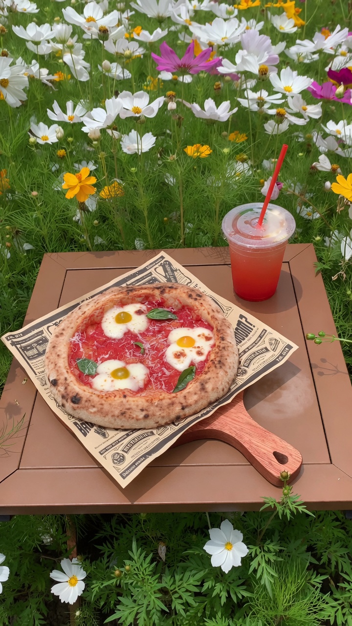 Una suggestiva pizza Margherita con mozzarella a forma di fiore e basilico fresco, ambientata su uno sfondo di fiori di cosmos in piena fioritura.