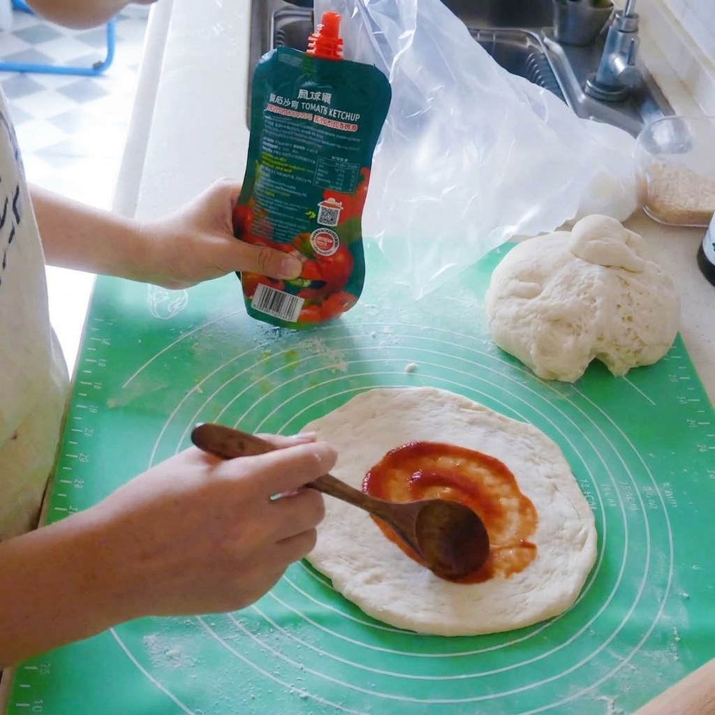 Salsa di pomodoro stesa sulla base della pizza con un cucchiaio di legno.