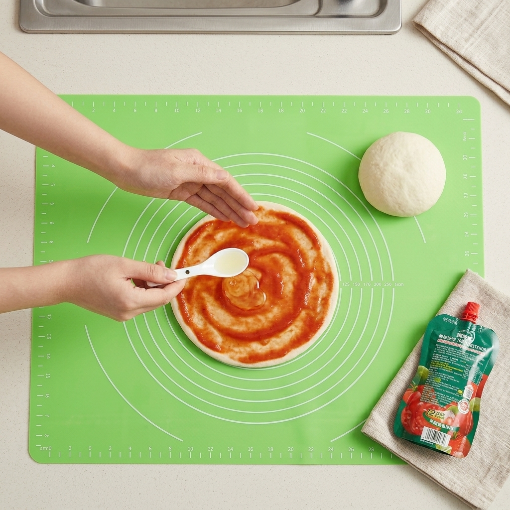 Un cucchiaio dolio versato a filo sulla base della pizza condita.
