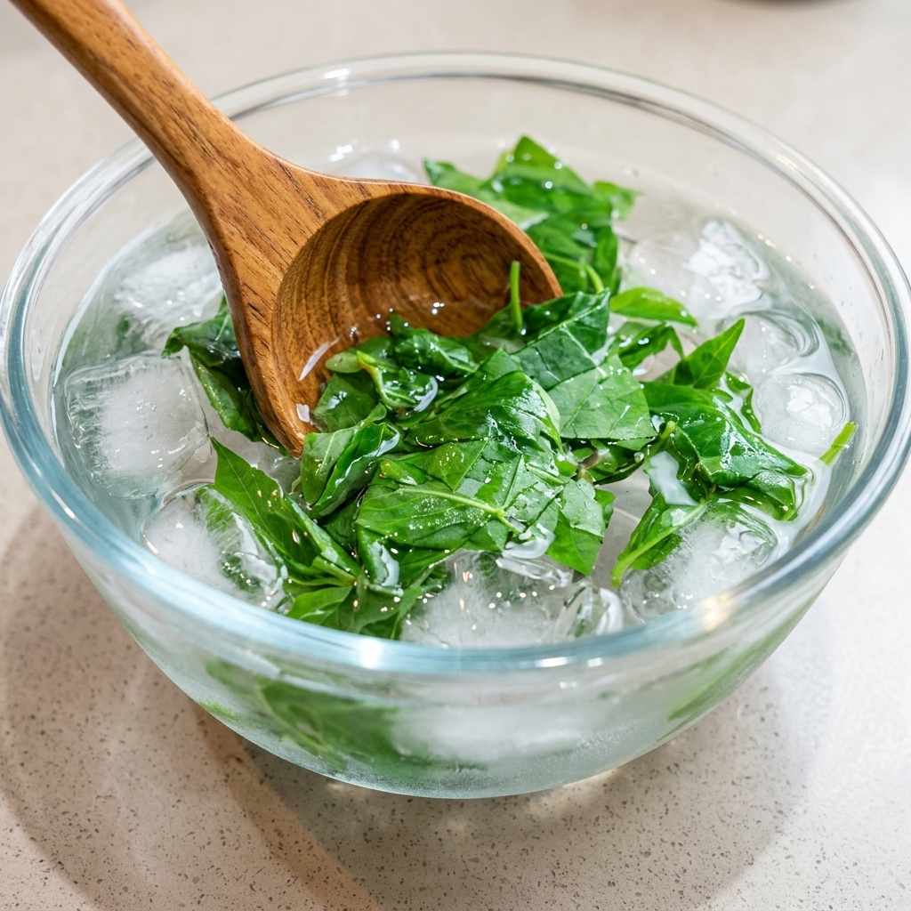 Foglie di basilico sbollentate in una ciotola di acqua e ghiaccio.