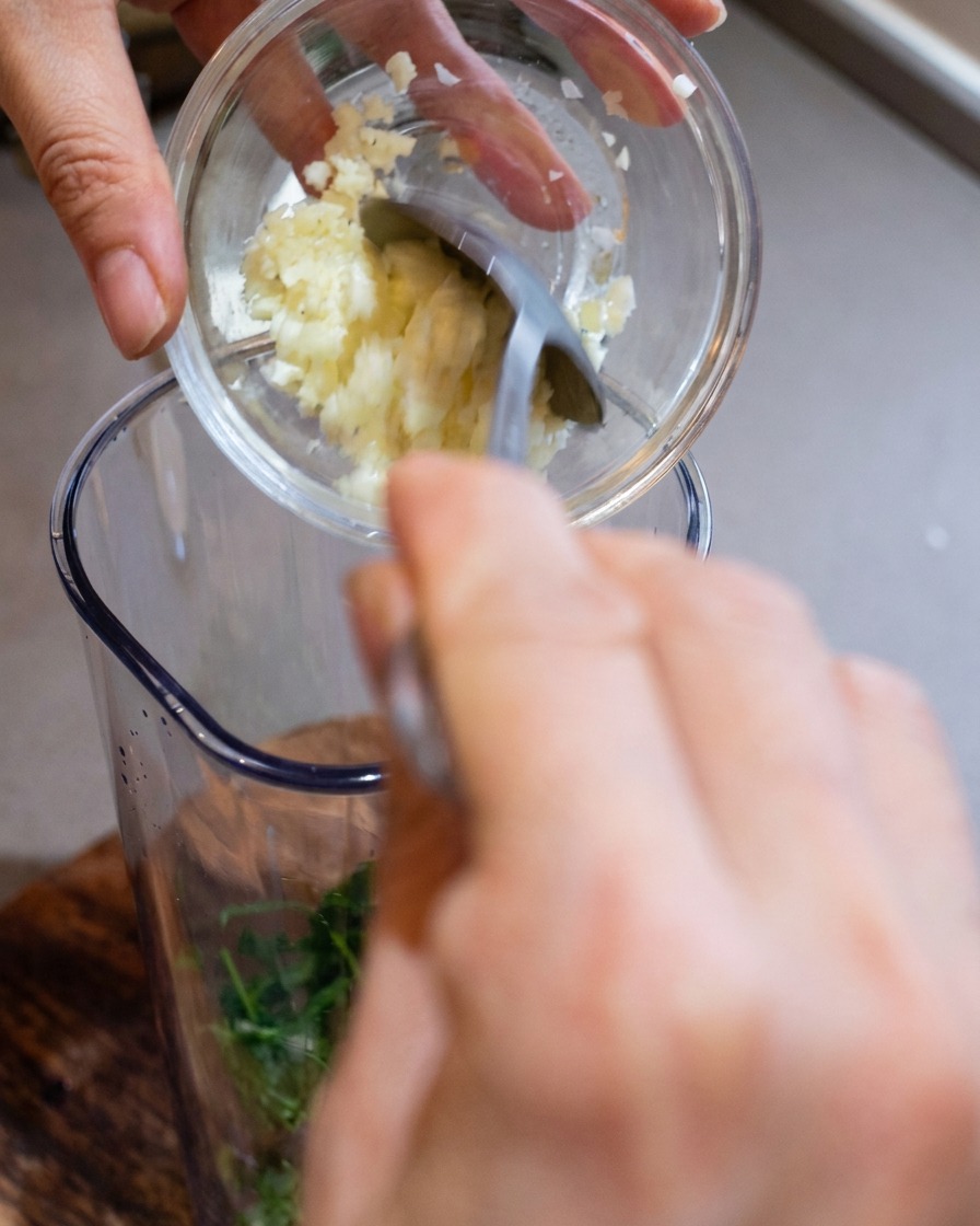 Contenitore di un frullatore con aglio, formaggio e pinoli.