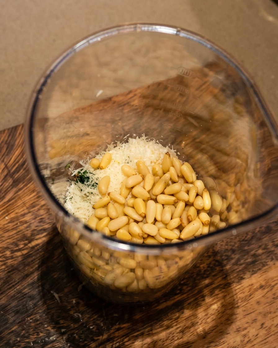 Versamento di olio doliva nel frullatore durante la preparazione.