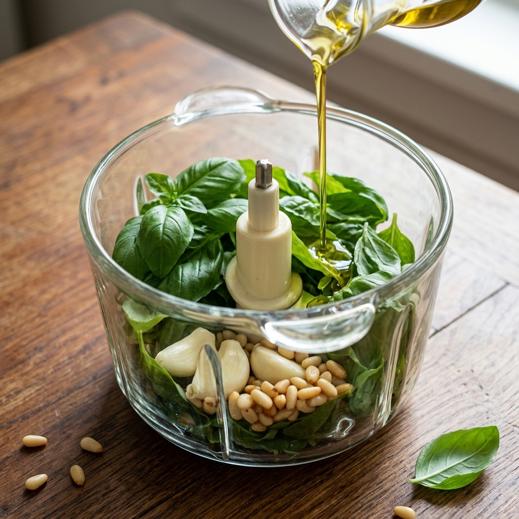 Foglie di basilico fresco, spicchi daglio e pinoli in un robot da cucina con olio doliva versato dallalto.