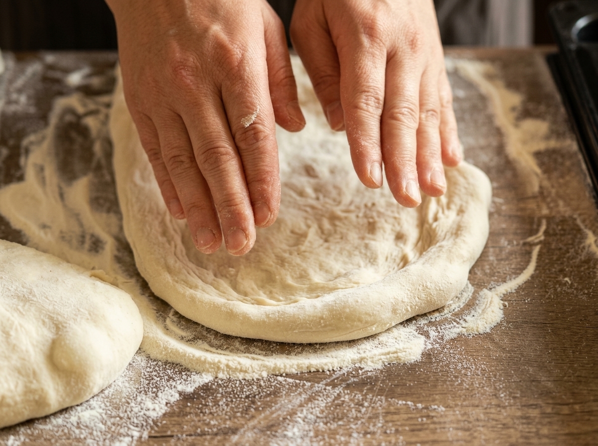 Due mani che stendono delicatamente un pezzo di impasto per pizza su un tagliere di legno.