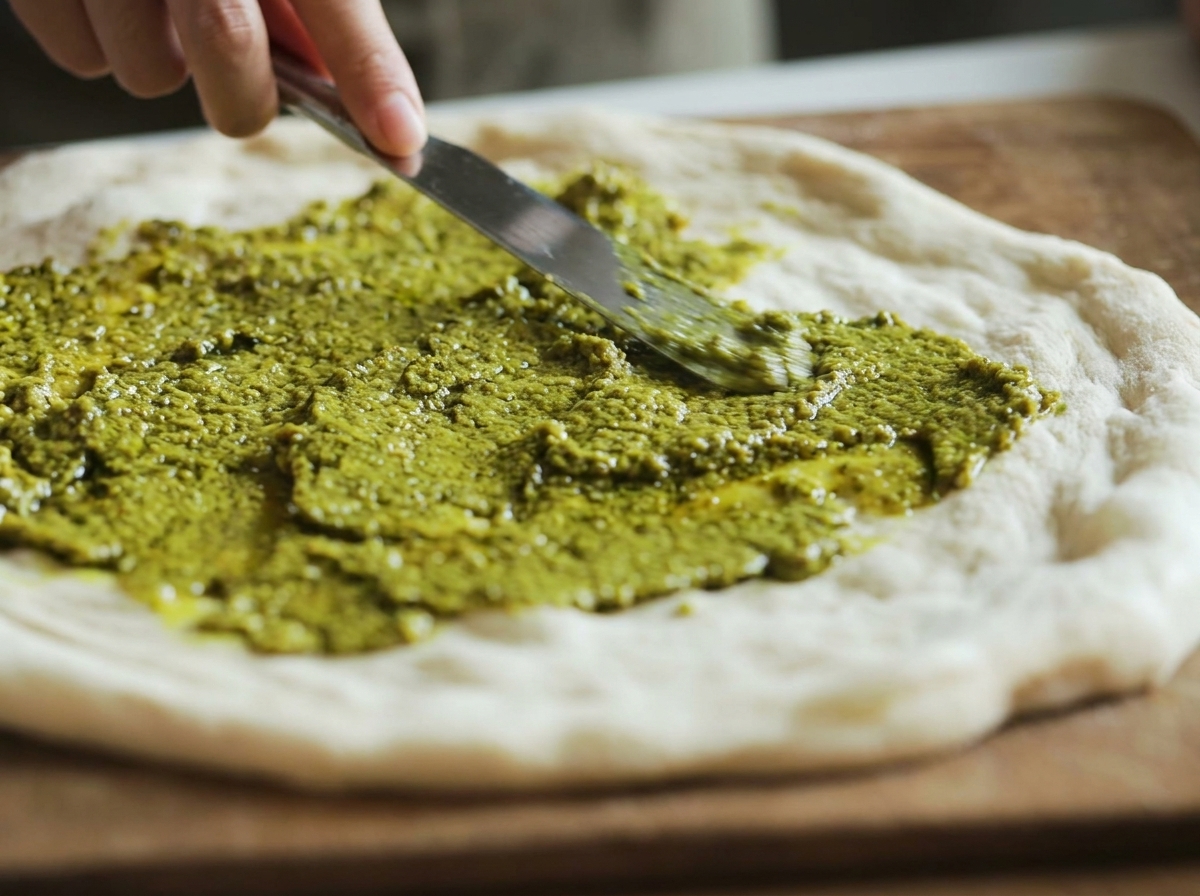 Una mano che usa una spatola per spalmare uniformemente il pesto al basilico sulla base della pizza cruda.