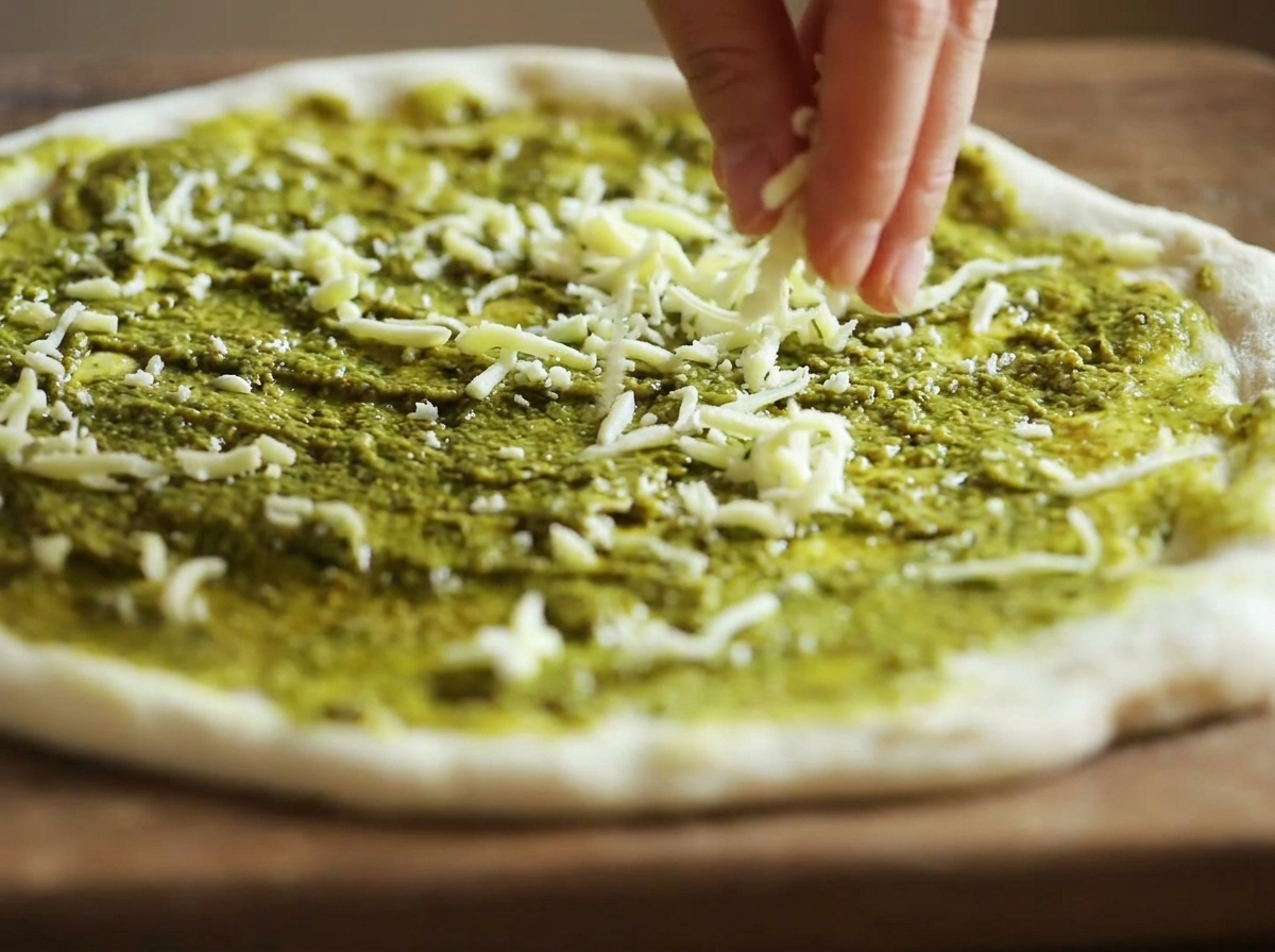 Dita che spargono mozzarella grattugiata sulla base di pizza al pesto.