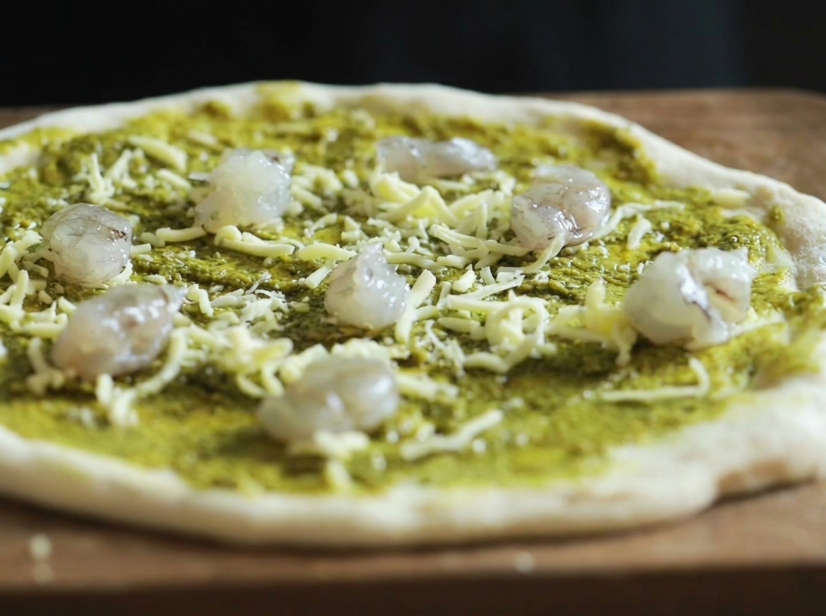 La pizza con pesto e mozzarella, con diversi gamberi crudi disposti sulla superficie.