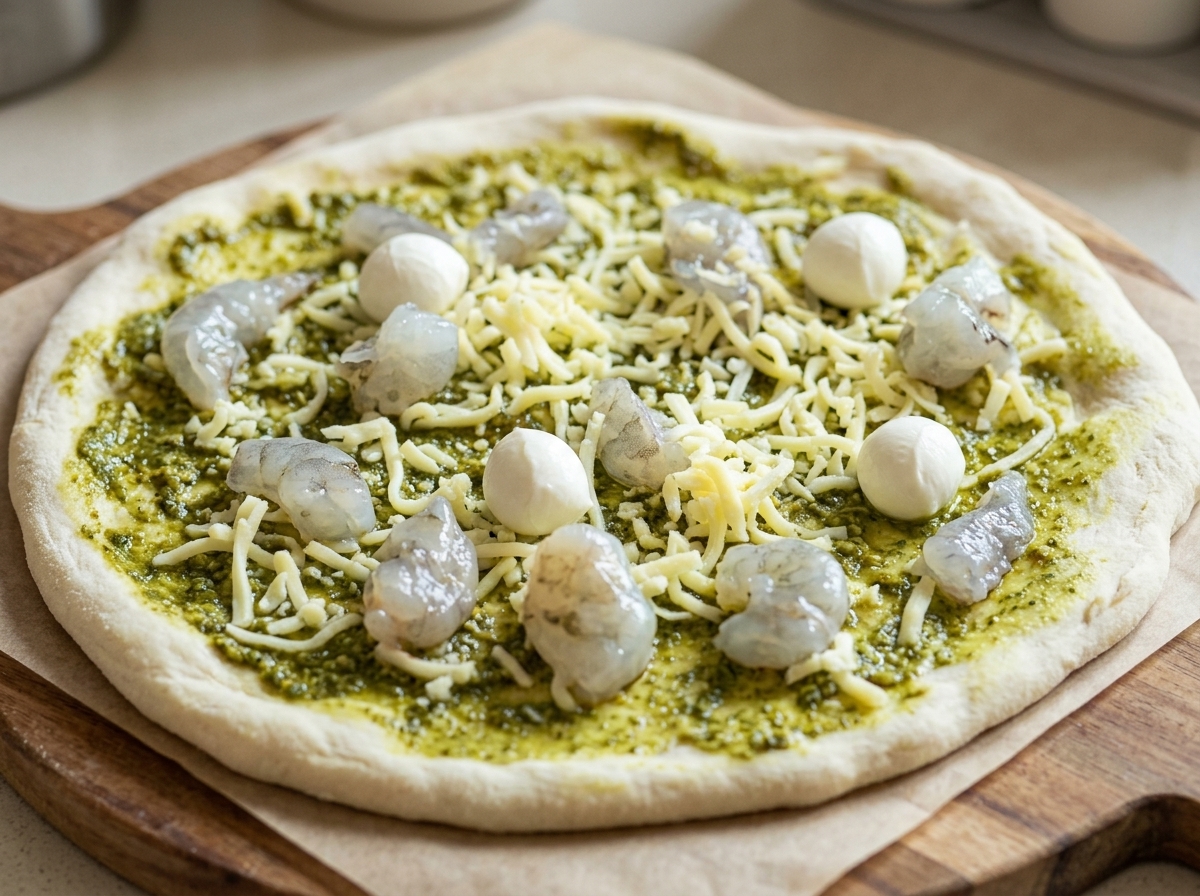 La pizza assemblata con pesto, gamberi, mozzarella grattugiata e mozzarelline pronte per il forno.