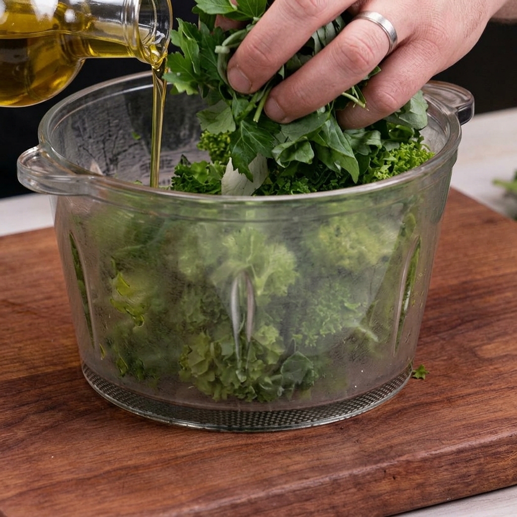 Erbe aromatiche fresche, aglio, pinoli e formaggio nel boccale del frullatore, pronti per essere mixati.