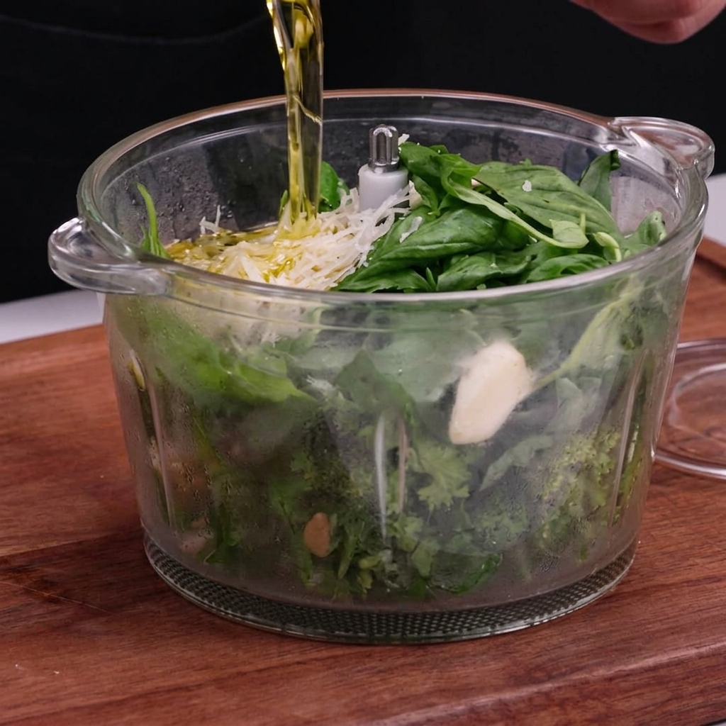 Pesto verde fatto in casa in fase di lavorazione per ottenere una crema liscia e densa.