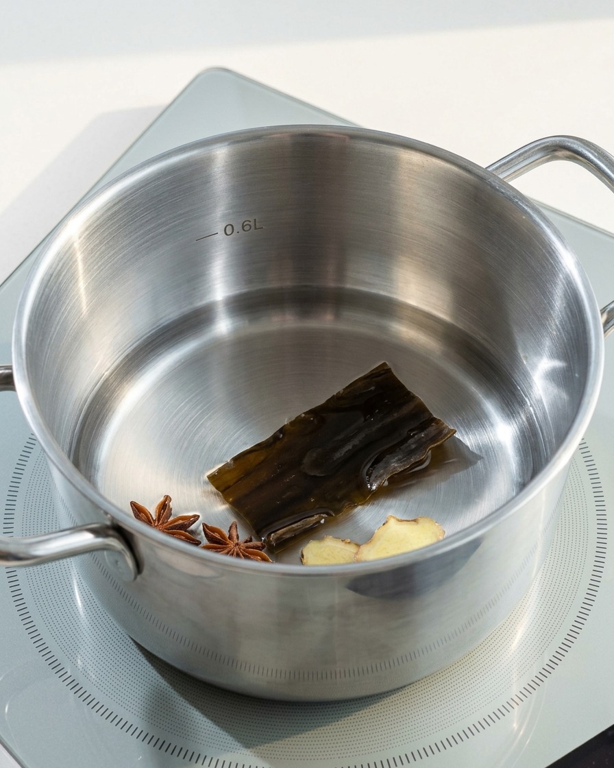 Un pezzo di alga kombu in ammollo in un pentolino dacqua.