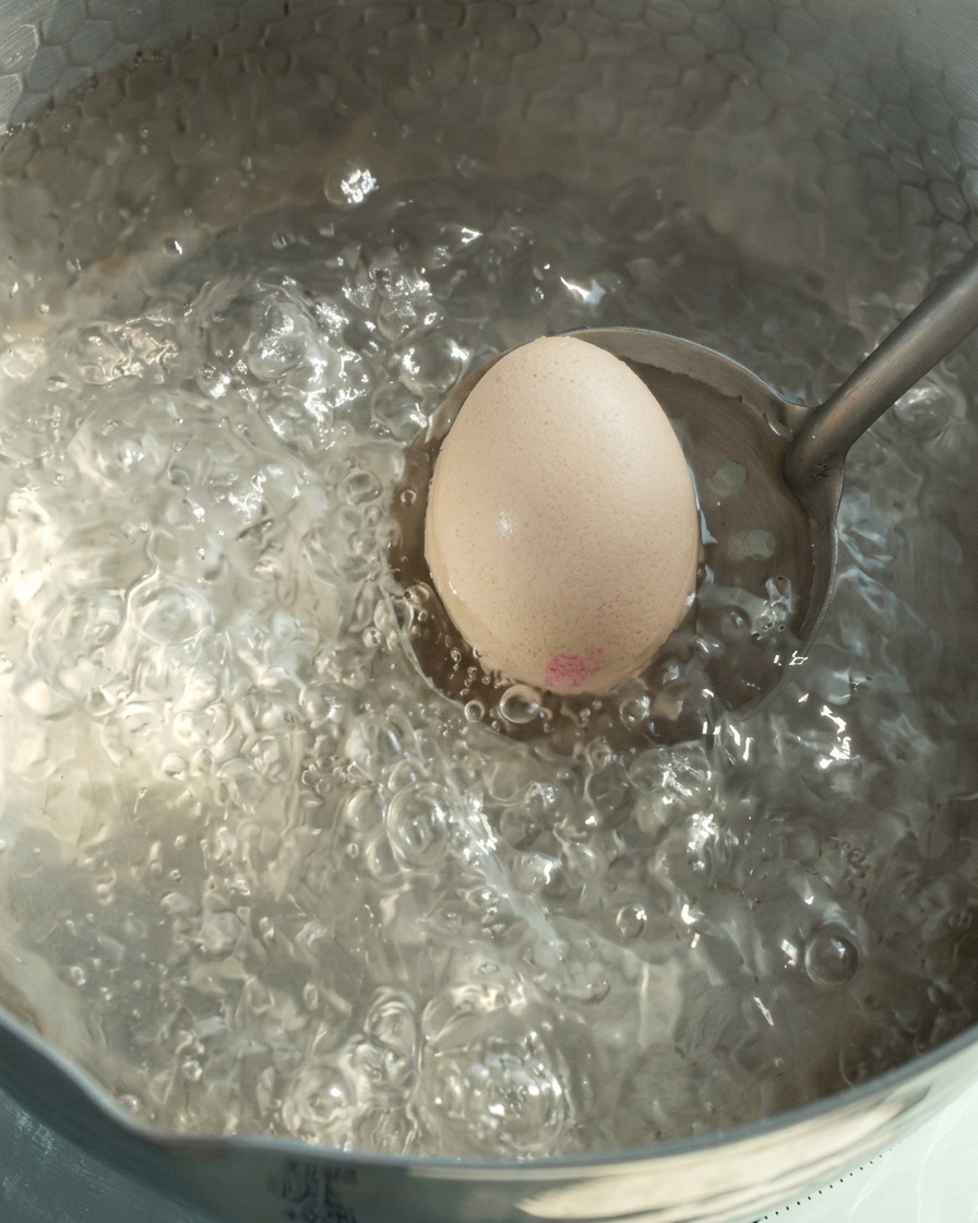 Un uovo intero calato delicatamente nellacqua bollente con un mestolo.