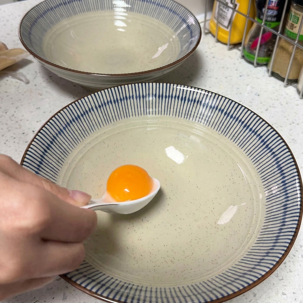 Un singolo e vibrante tuorlo duovo crudo in una ciotola pulita.