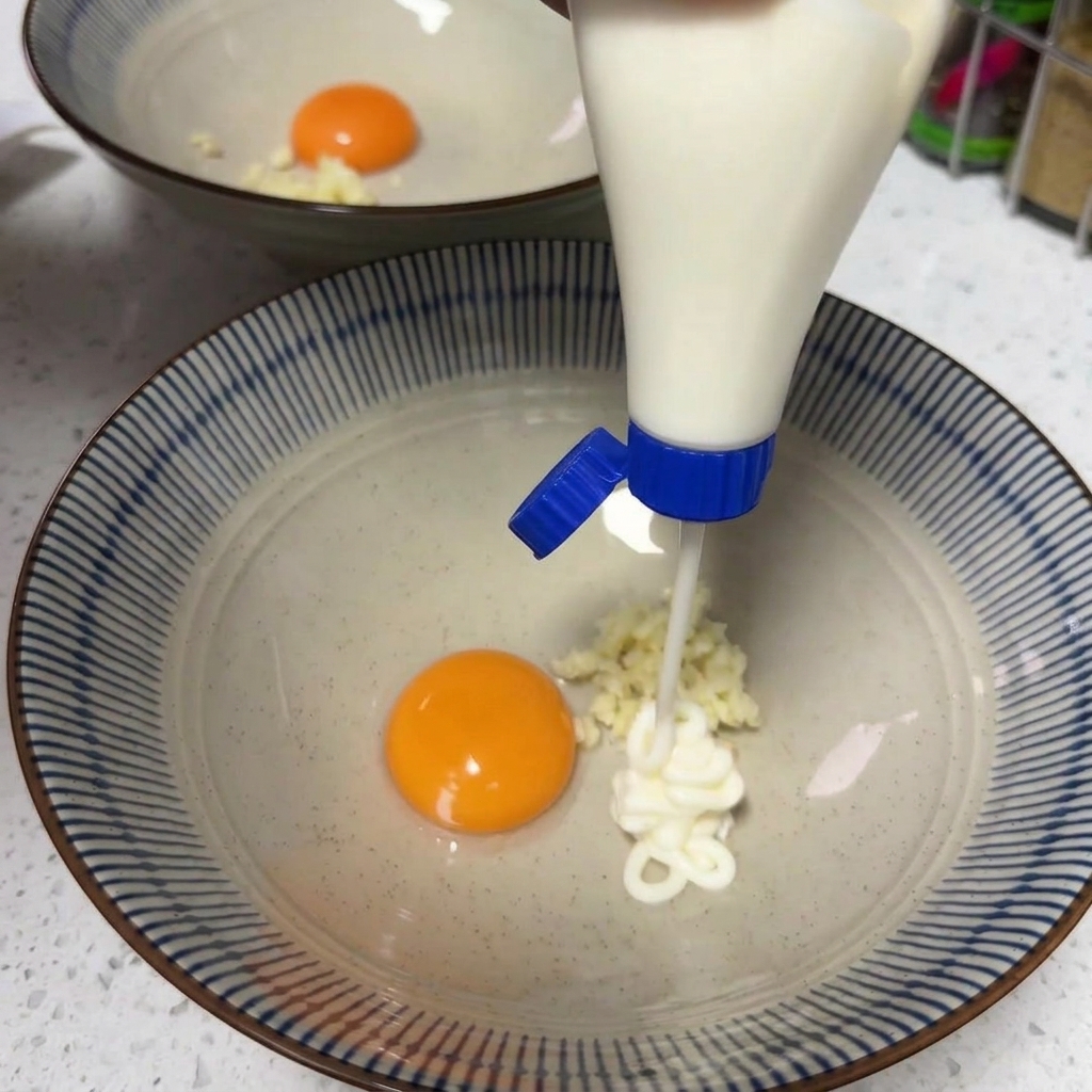Il condimento dei noodles istantanei versato da una bustina in una ciotola con tuorlo, aglio e maionese.