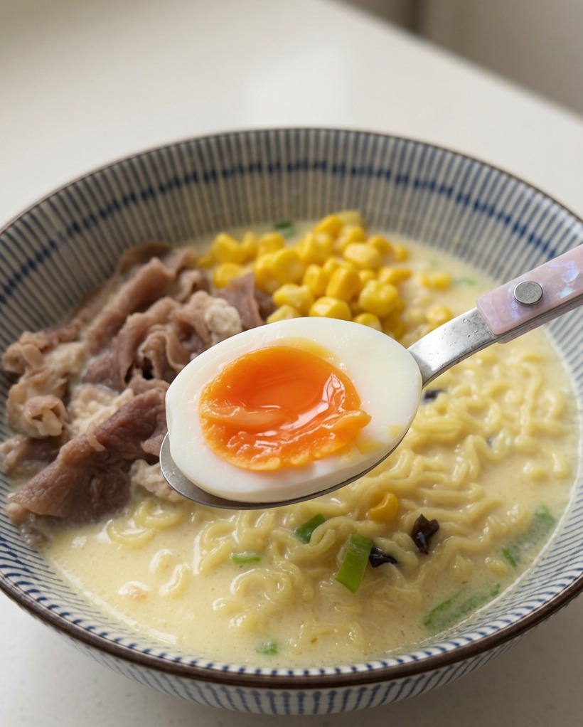 Uova barzotte tagliate a metà con un tuorlo arancione perfetto posizionate in una ciotola di ramen.