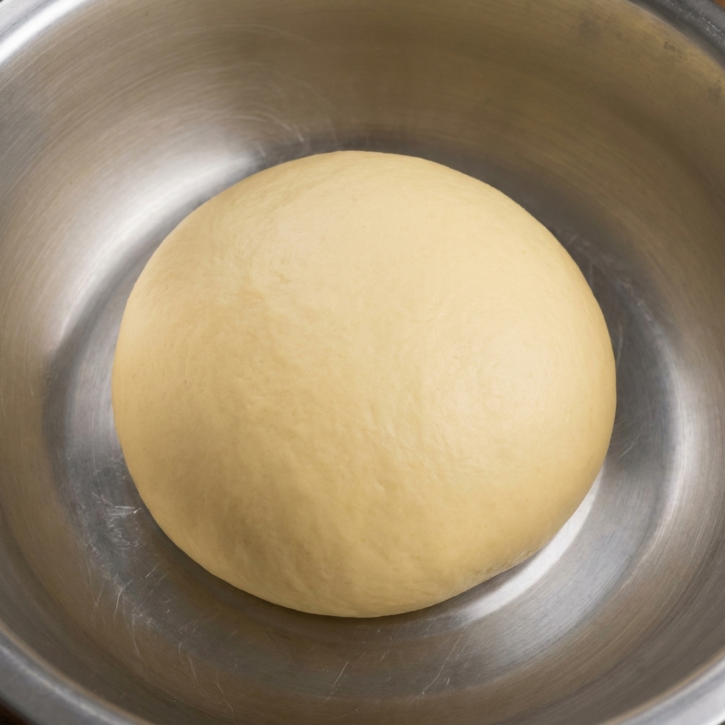 Una palla di impasto liscia e rotonda che riposa in una ciotola di acciaio inox.