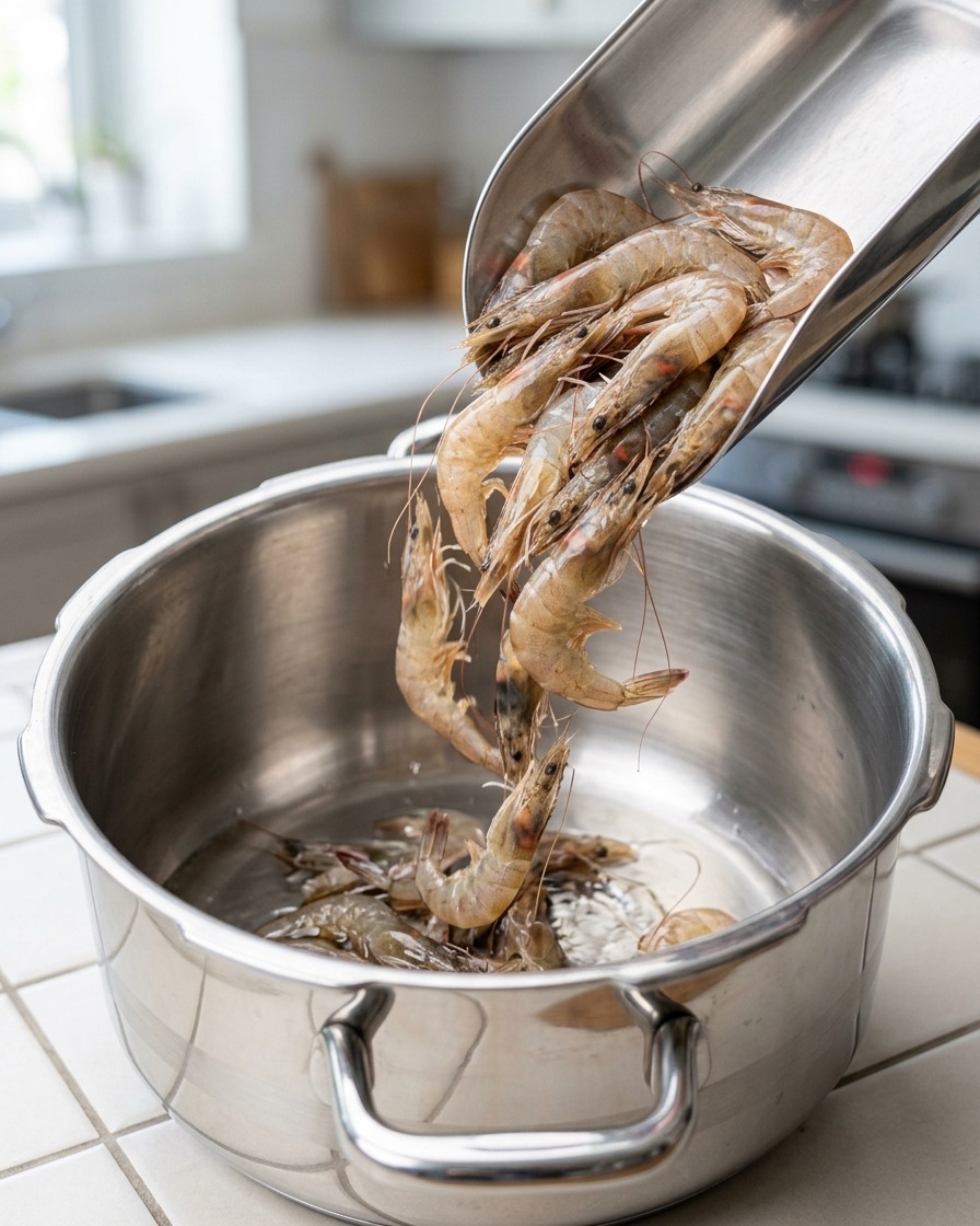 Teste e carapaci di gamberi freschi aggiunti a una pentola di olio caldo.