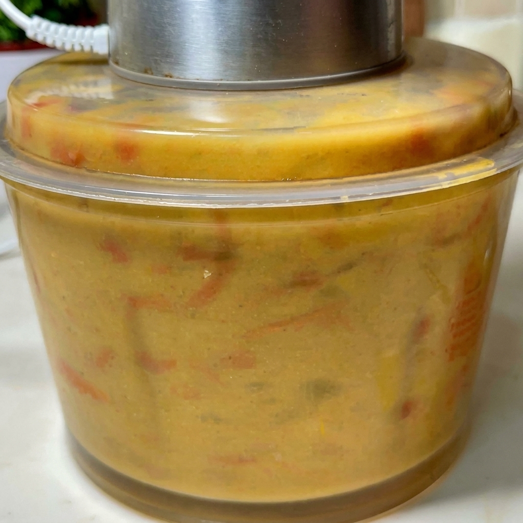 Un robot da cucina riempito con una purea spessa e di colore arancione a base di brodo e carapaci di gambero.