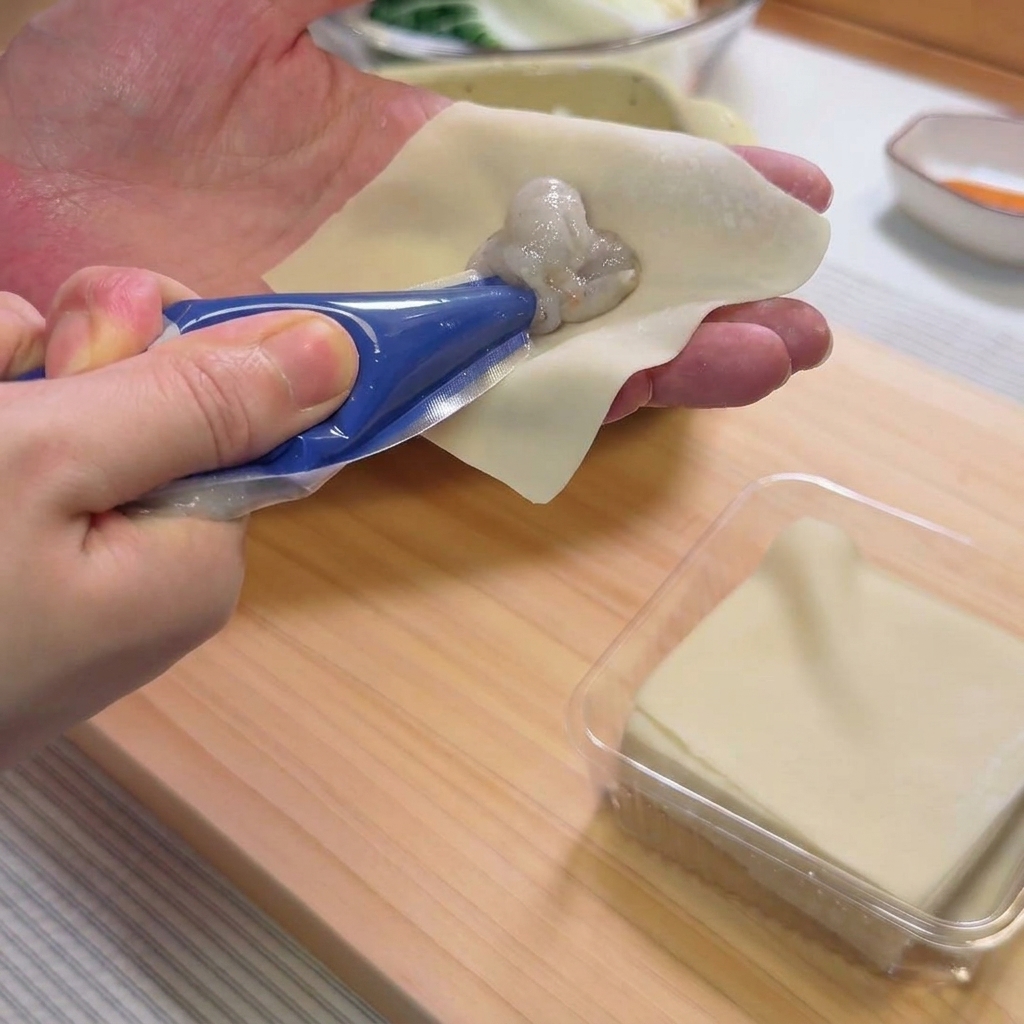Una mano modella un wonton unendo i bordi della pasta per sigillare il ripieno allinterno.