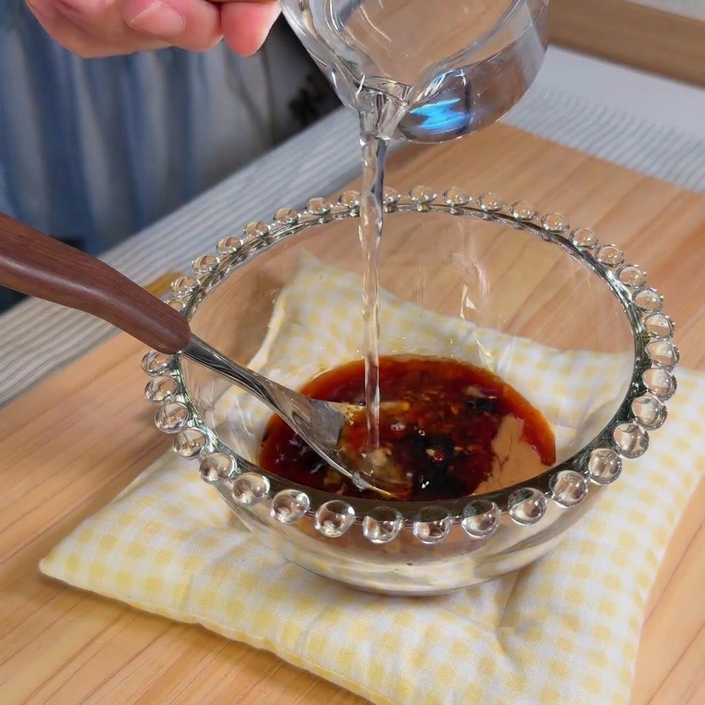 Lacqua viene incorporata lentamente in una densa miscela di sesamo mentre si mescola per creare una salsa liscia.