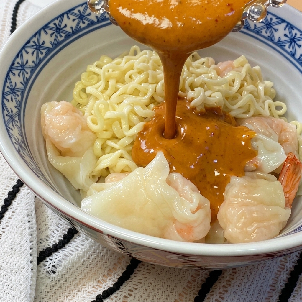 Primo piano di un mestolo che versa una densa salsa speziata al sesamo su una ciotola di noodles cotti conditi con wonton di gamberi.