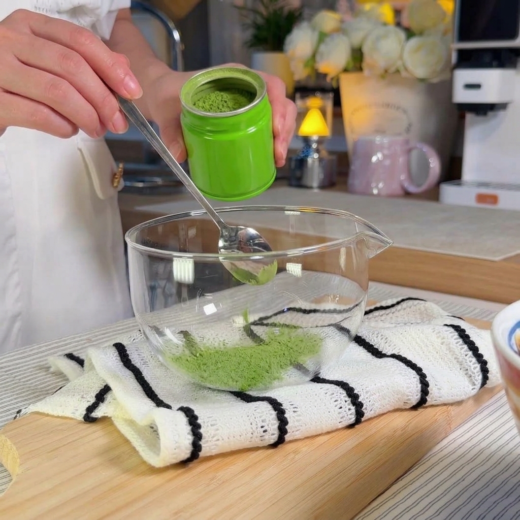Una persona mescola polvere di tè matcha verde con acqua calda in un contenitore di vetro trasparente per creare un concentrato liscio.
