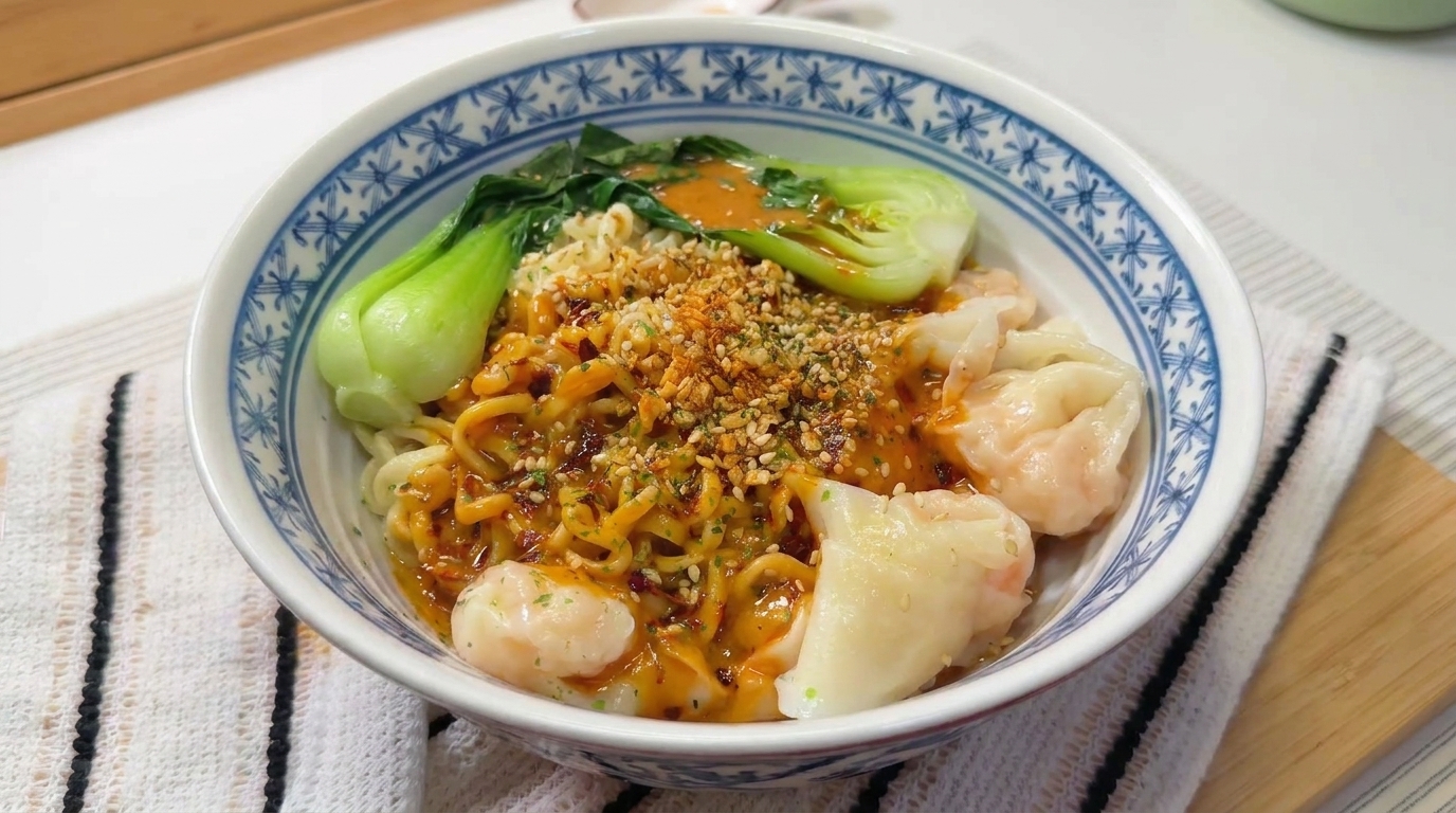 Noodles Piccanti al Sesamo con Wonton di Gamberi