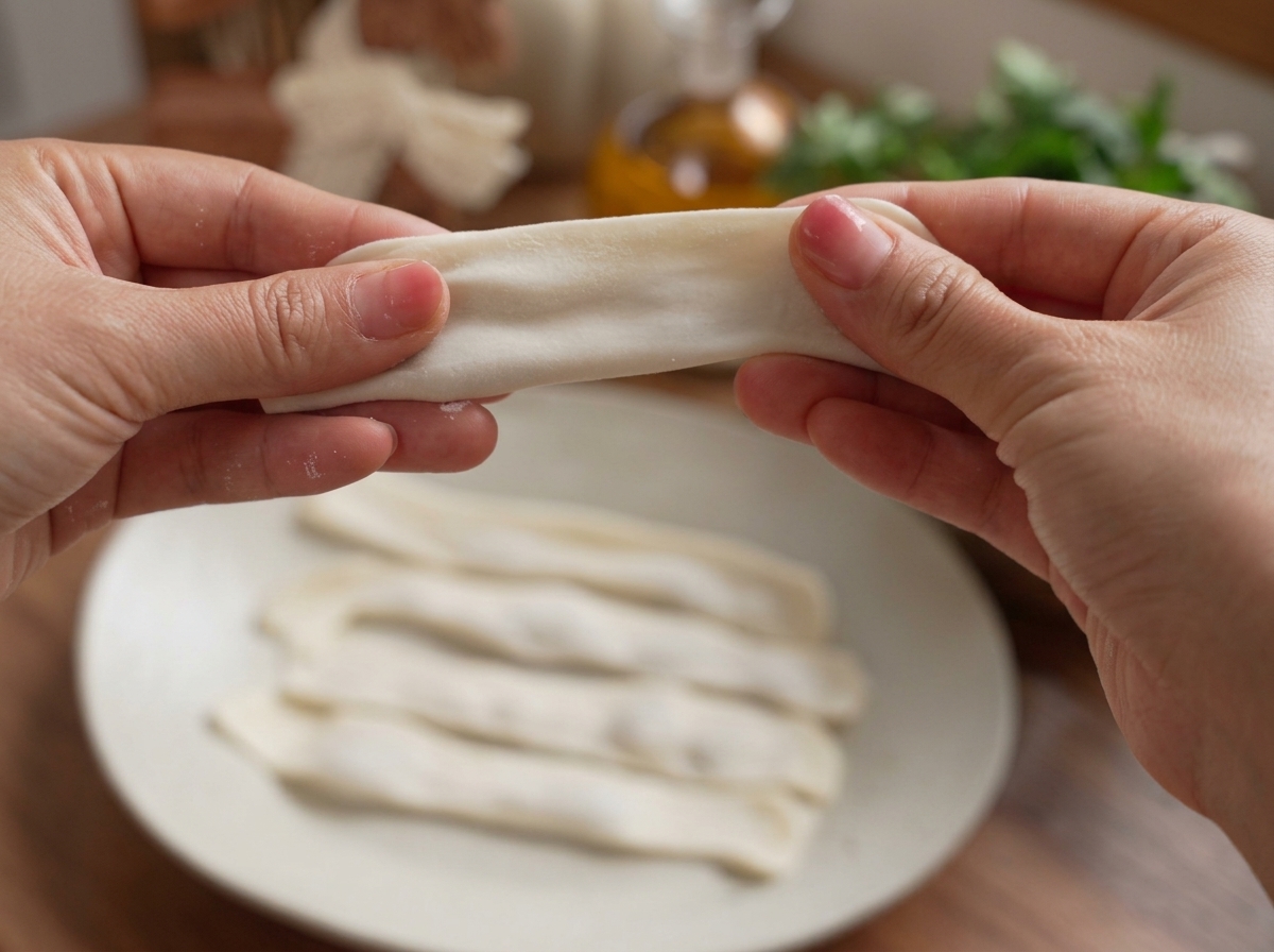 Mani che allungano delicatamente il raviolo sigillato trasformandolo in un lungo formato di pasta.