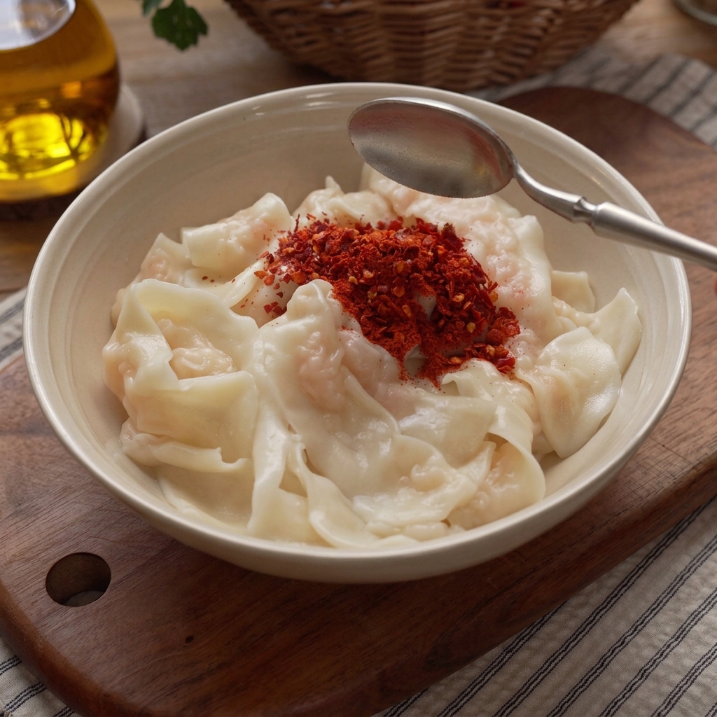Ciotola di noodles larghi guarniti con peperoncino, semi di sesamo e aglio.
