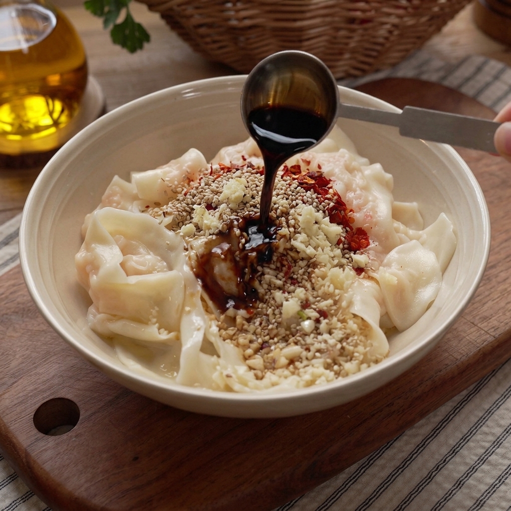 Noodles conditi con salsa di soia e aceto, completati con arachidi e coriandolo.