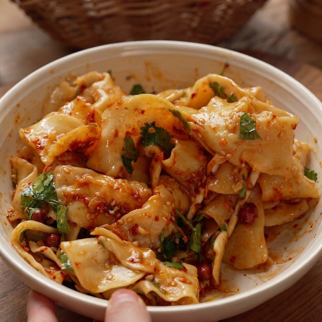 Noodles conditi e mescolati nella ciotola, pronti per essere gustati.