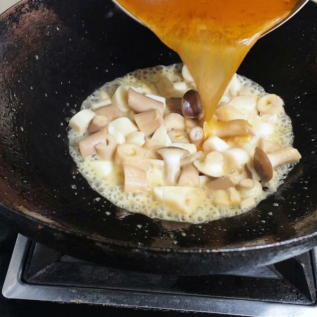 Brodo dorato di gamberi versato in un wok pieno di funghi saltati.