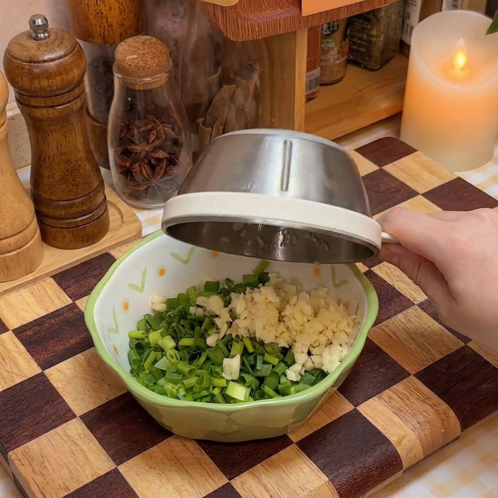 Una ciotolina sul tagliere con la miscela di cipollotti, aglio e condimenti in preparazione.