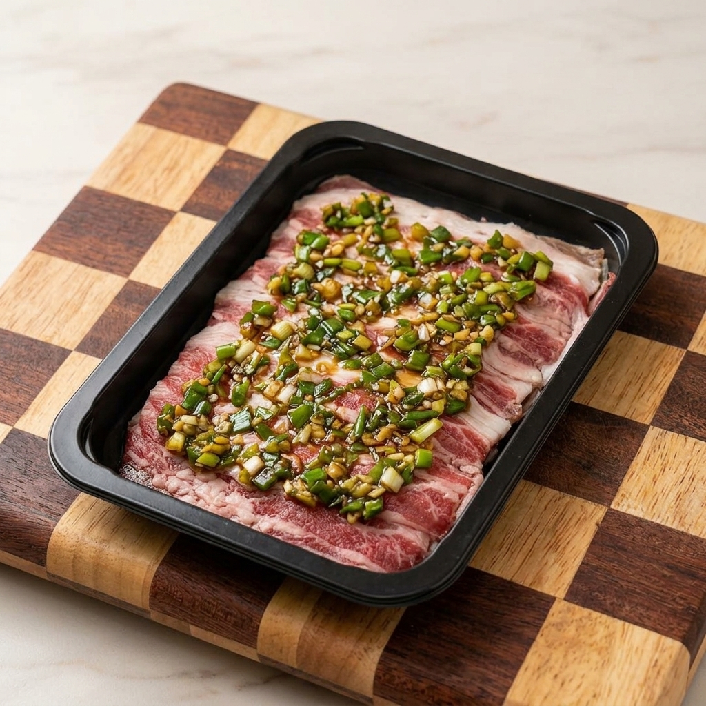 Fettine di manzo crudo in un contenitore nero, ricoperte con la marinatura di aglio e cipollotti.