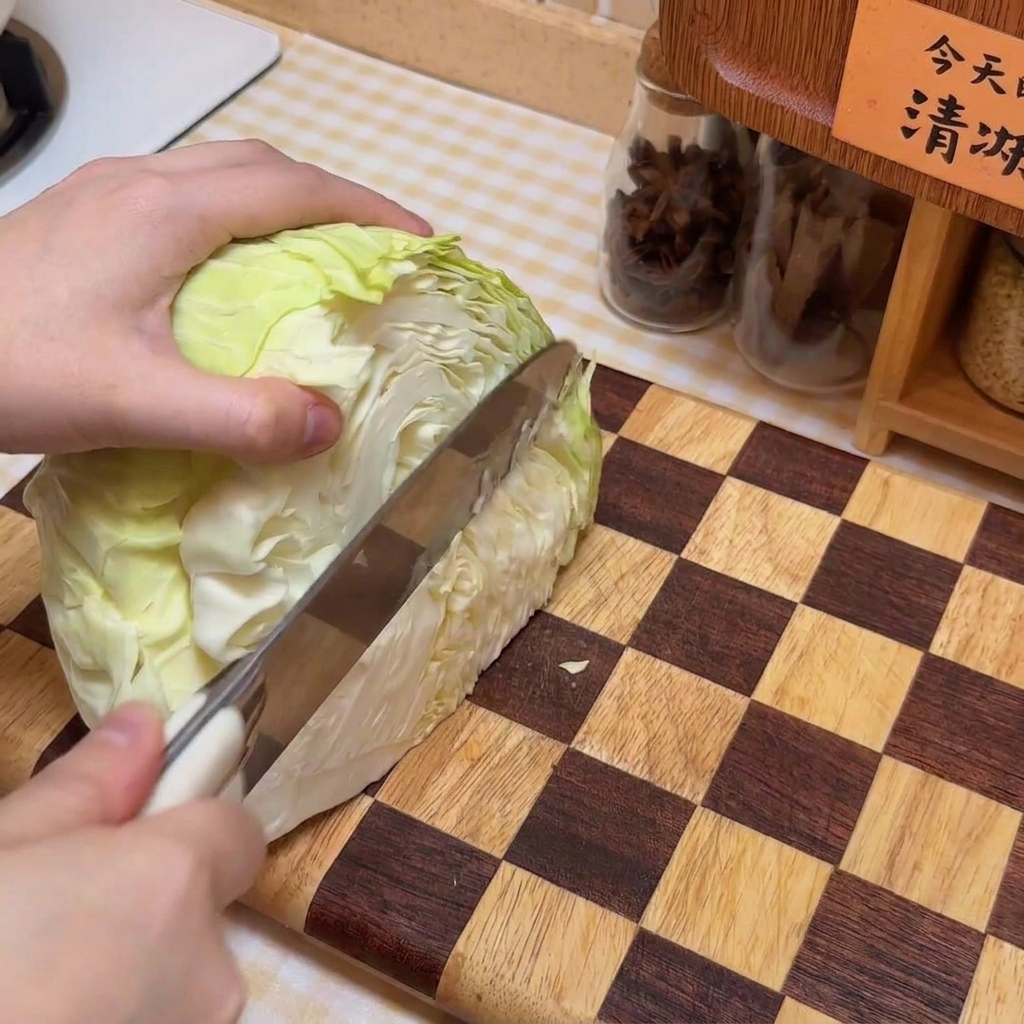 Un cavolo cappuccio viene affettato su un tagliere di legno a scacchi.