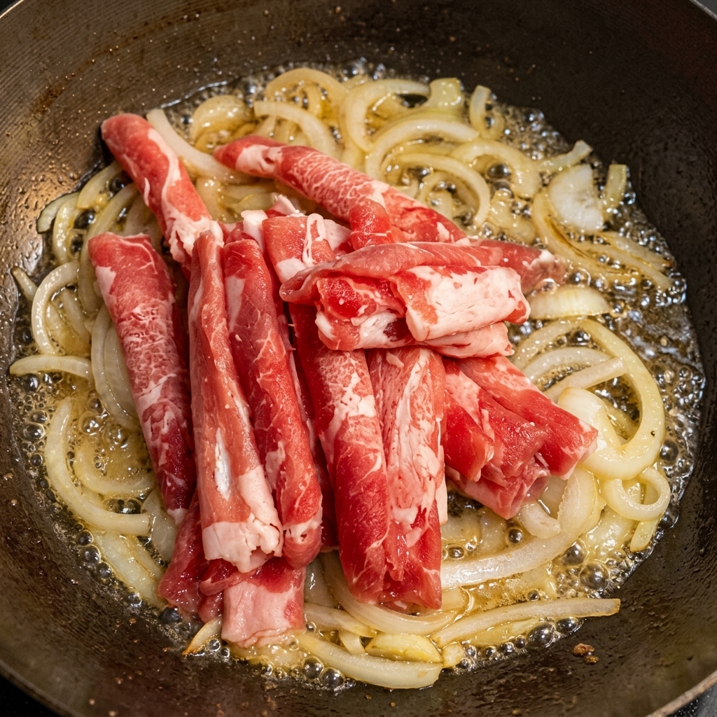 Fette di manzo sottili che rosolano in padella con cipolle e liquido.