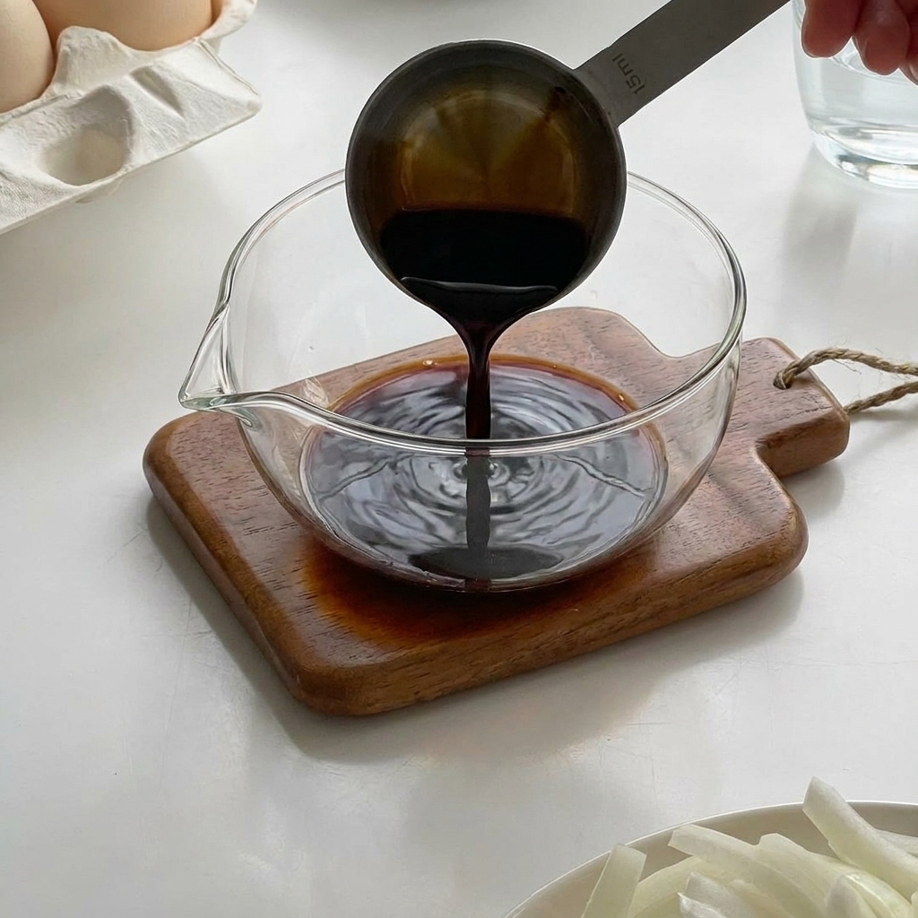 Miscela di salsa scura versata da un cucchiaio dosatore in una ciotolina di vetro.