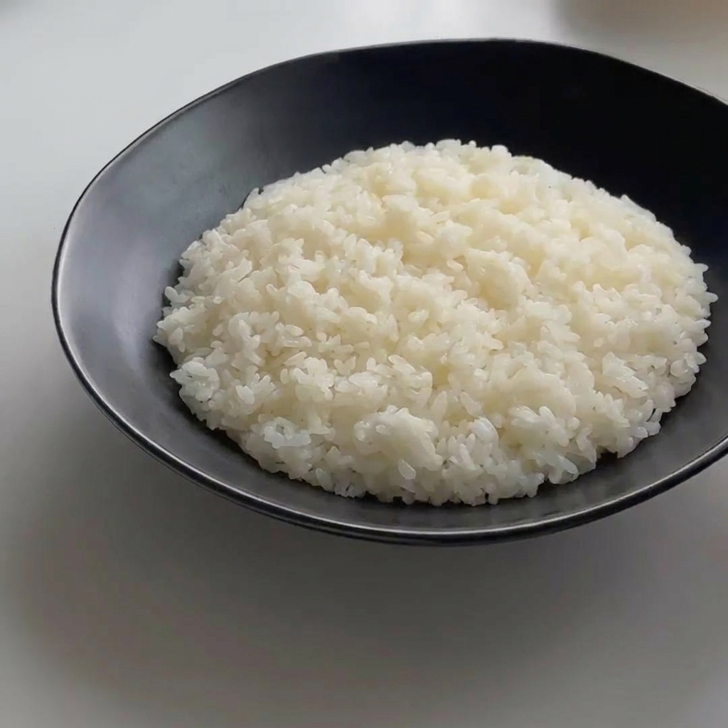 Un uovo cotto perfettamente adagiato su una porzione di riso bianco in una ciotola.