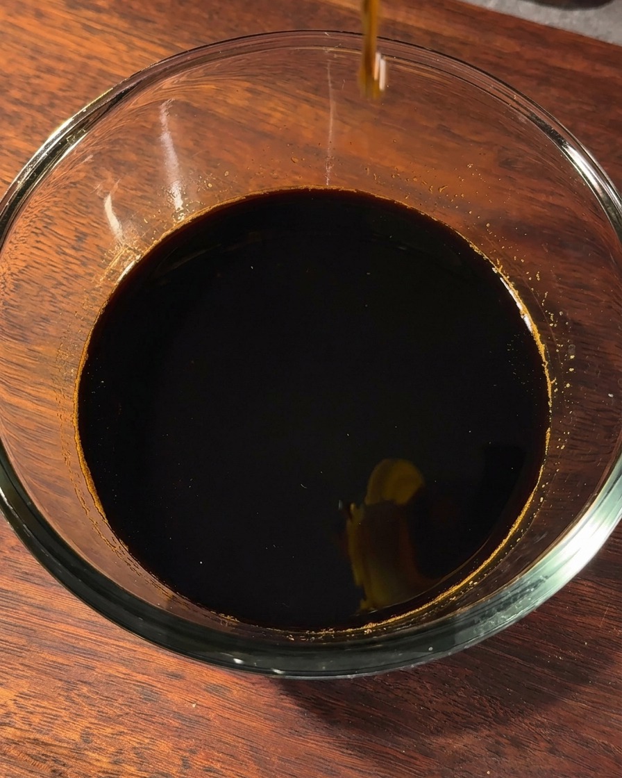 Una ciotola di vetro con la salsa scura insaporita con pepe nero e olio di sesamo.