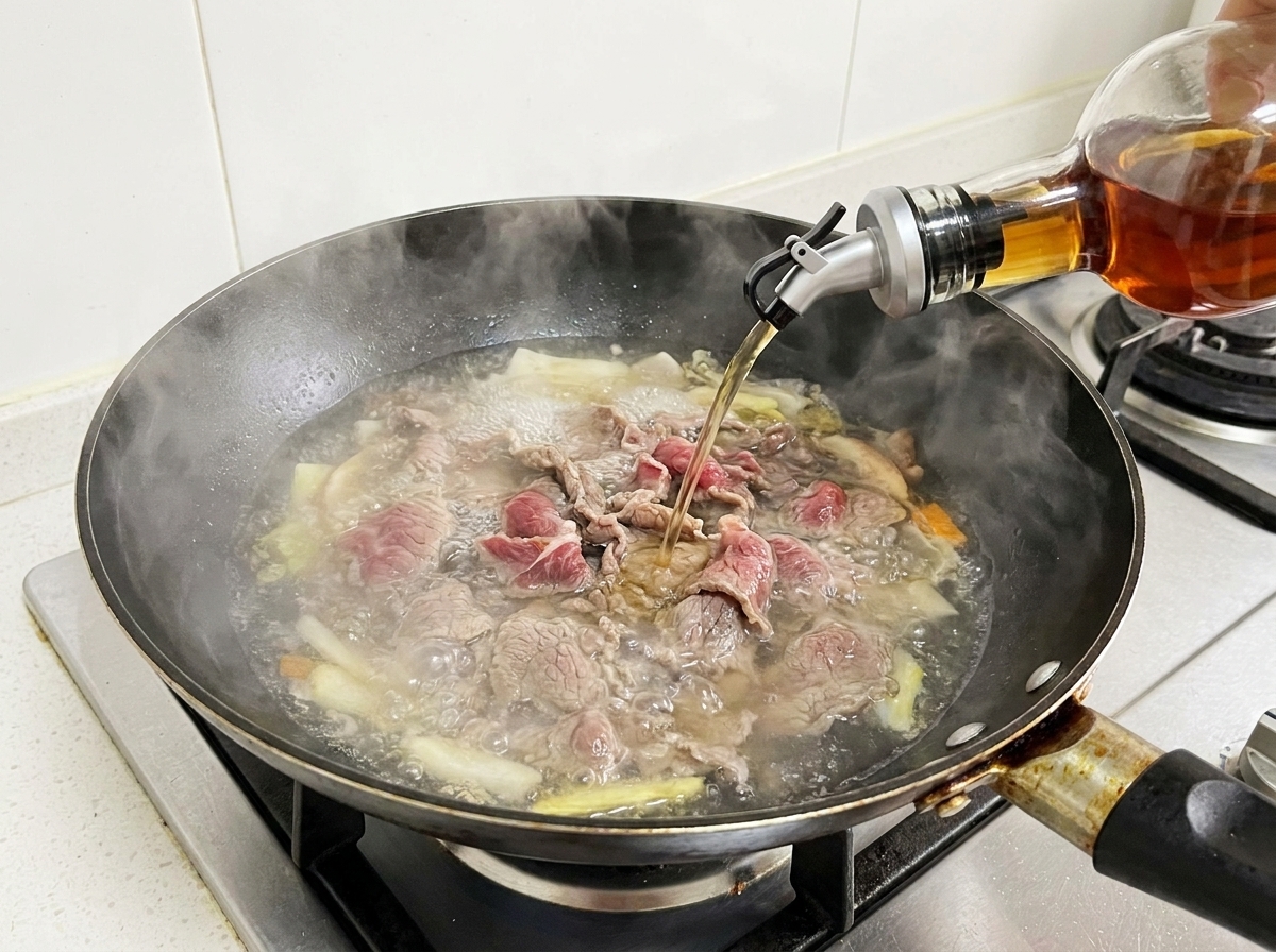 Vino da cucina versato in una pentola con il manzo in ebollizione.