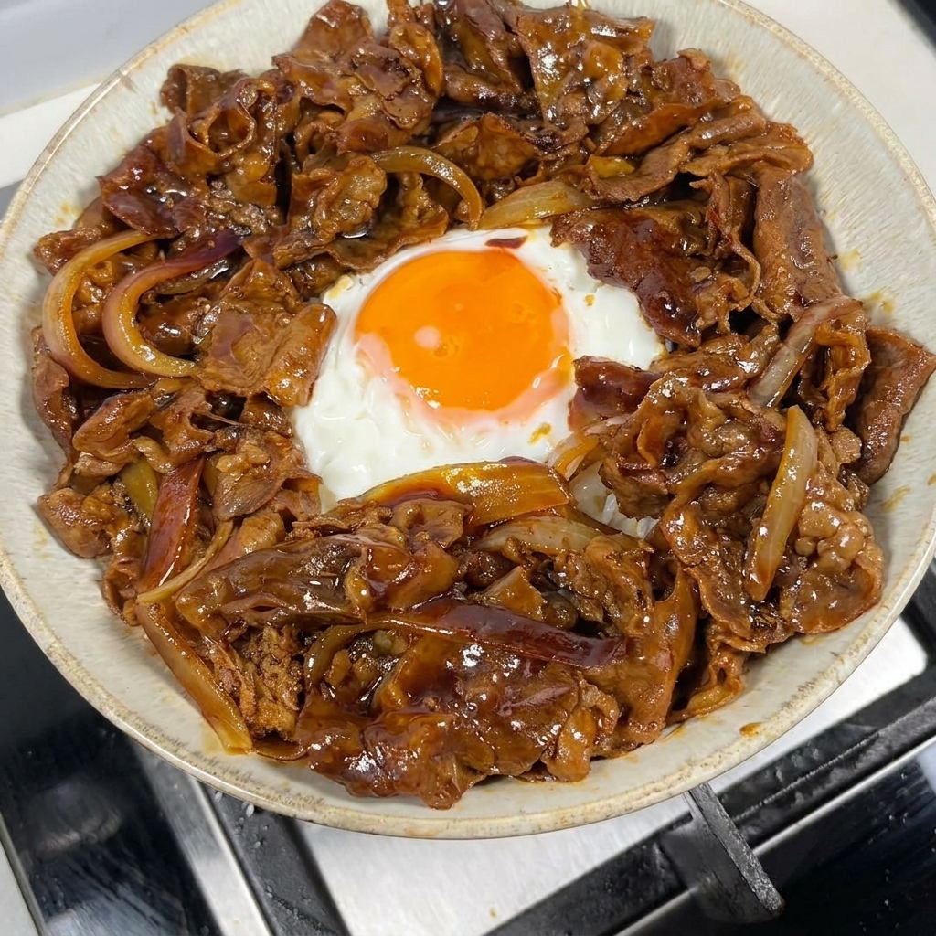 Una ciotola con riso e un uovo centrale, circondata da una porzione ordinata di manzo teriyaki e cipolle.