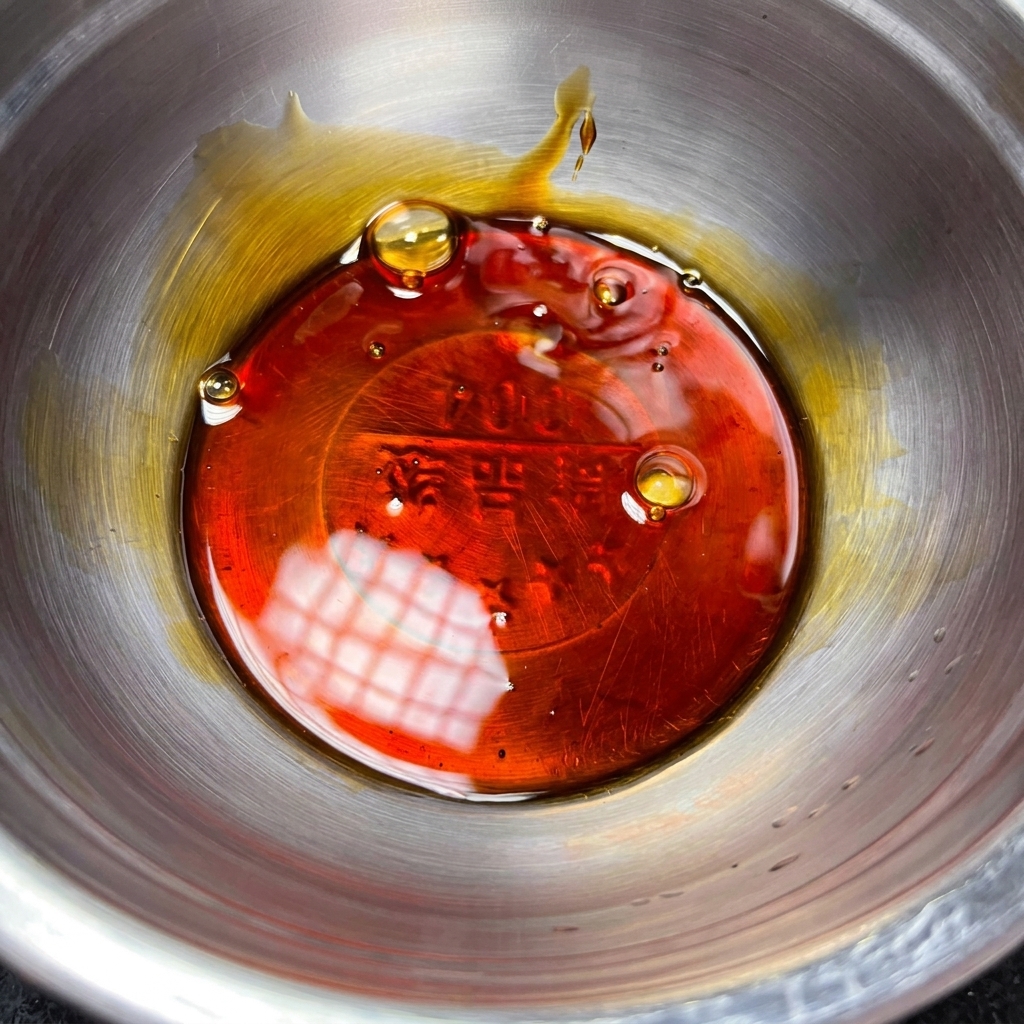 Una ciotola di metallo contenente gli ingredienti della salsa teriyaki mescolati.